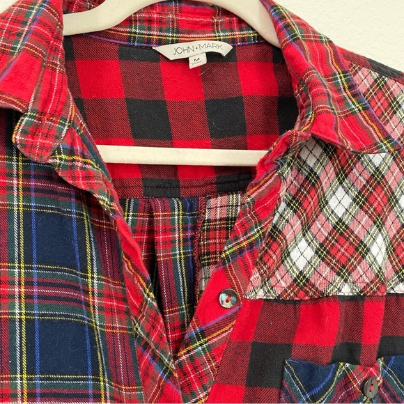 John Mark Red and Blue Plaid Flannel Patchwork Button Down Shirt Medium - Picture 5 of 9